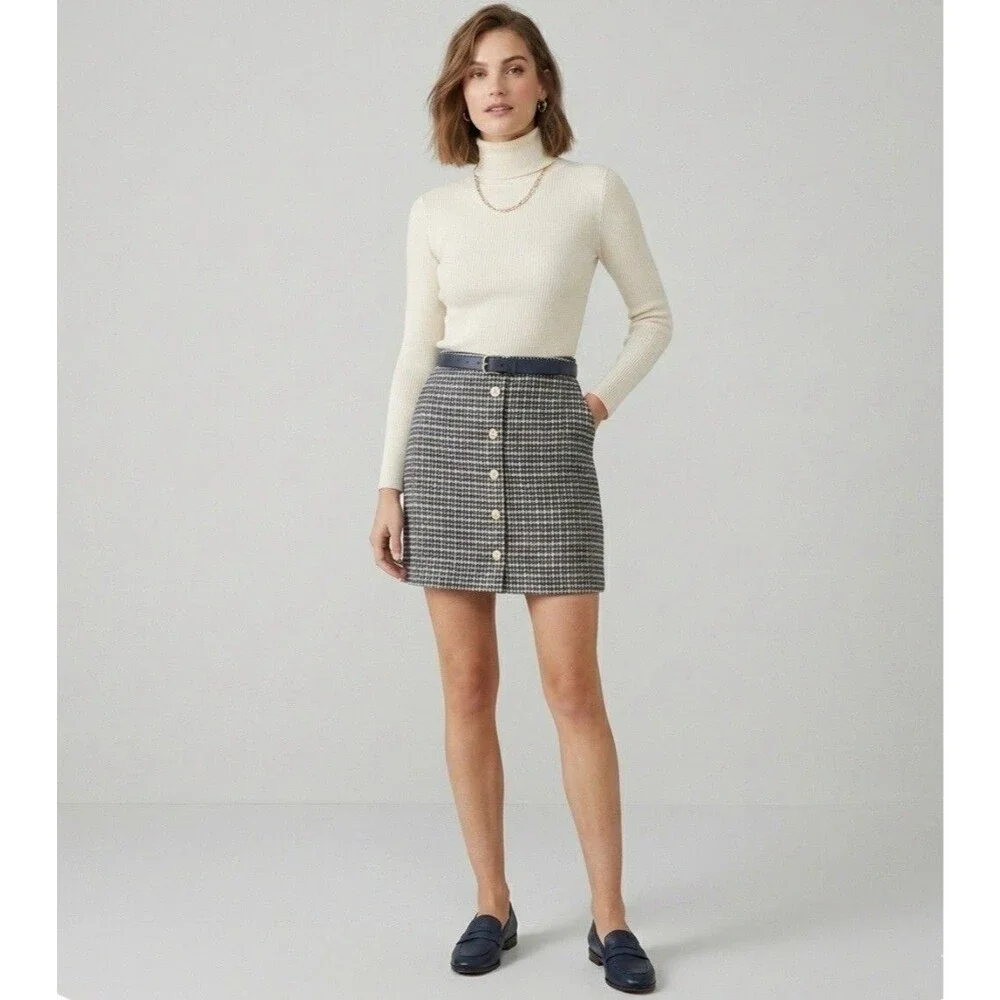 NWT Carroll Paris Blue Houndstooth Wool Tweed Gold Button Skirt Size 40 8/10 M/L